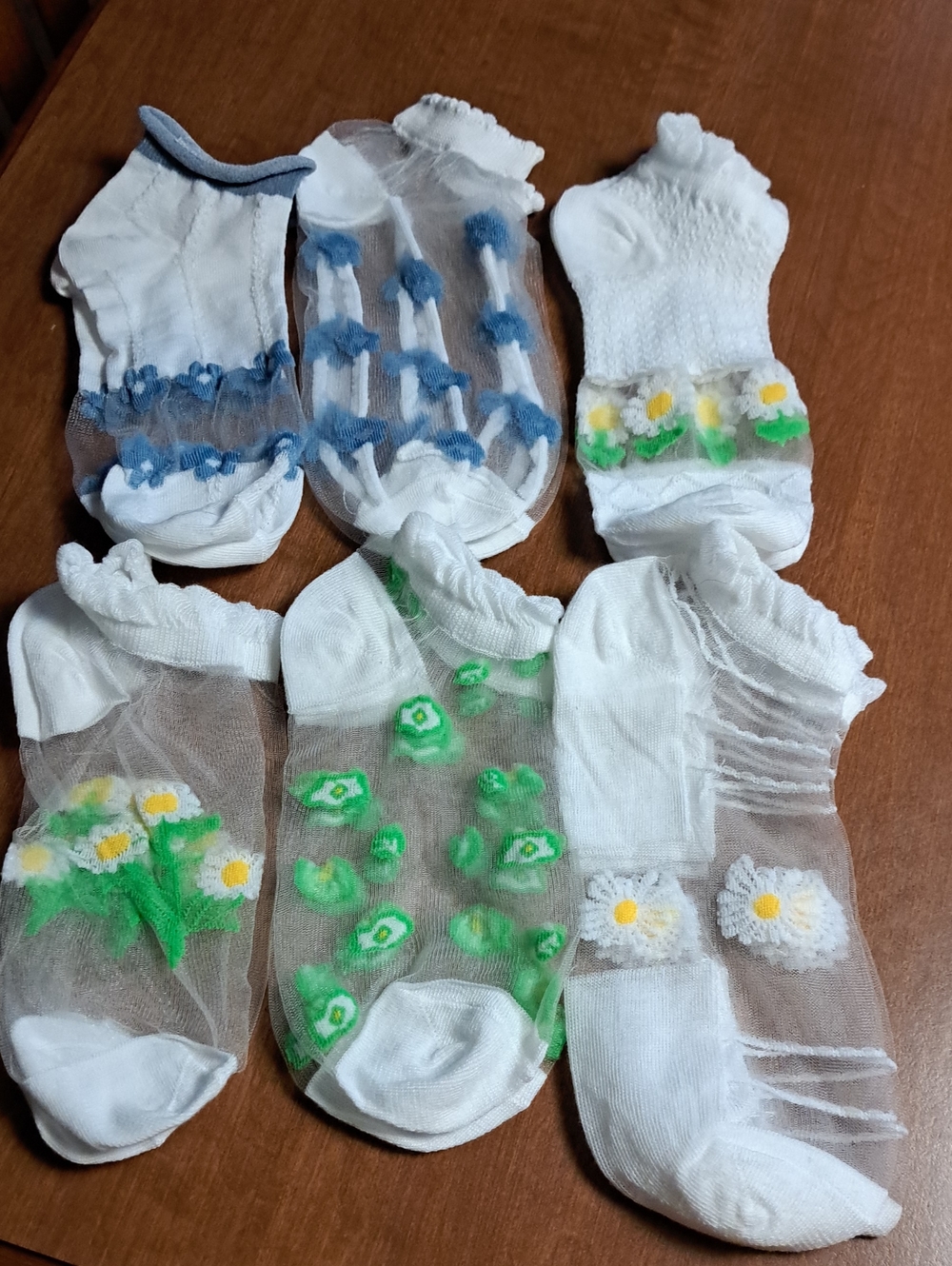Women’s Sheer Floral Ankle Socks - White with Blue & Green Embroidery